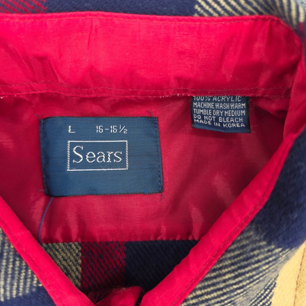 Vintage Sears Mens Plaid Flannel Shirt Large Red Navy Blue Acrylic Workwear 0623 - Picture 5 of 7
